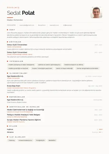 Maden Mühendisi Cv Örnekleri cv indir